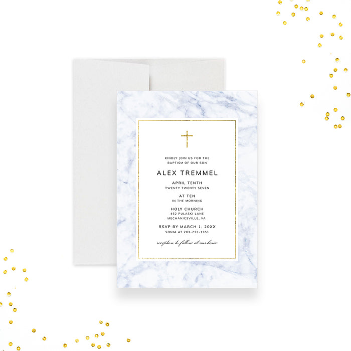 Elegant Invitation Card for Catholic Baptism Celebration, First Holy Communion Invitations with Golden Cross and Marble Design