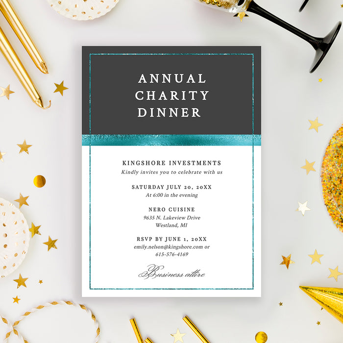 Annual Charity Dinner Business Party Invitation Editable Template, Formal Corporate Invites Printable Digital Download in Teal and White