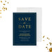 a blue and gold save the date card