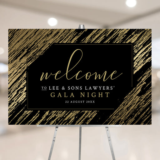 Black and gold gala welcome sign digital template for fundraisers, banquets, and formal events.