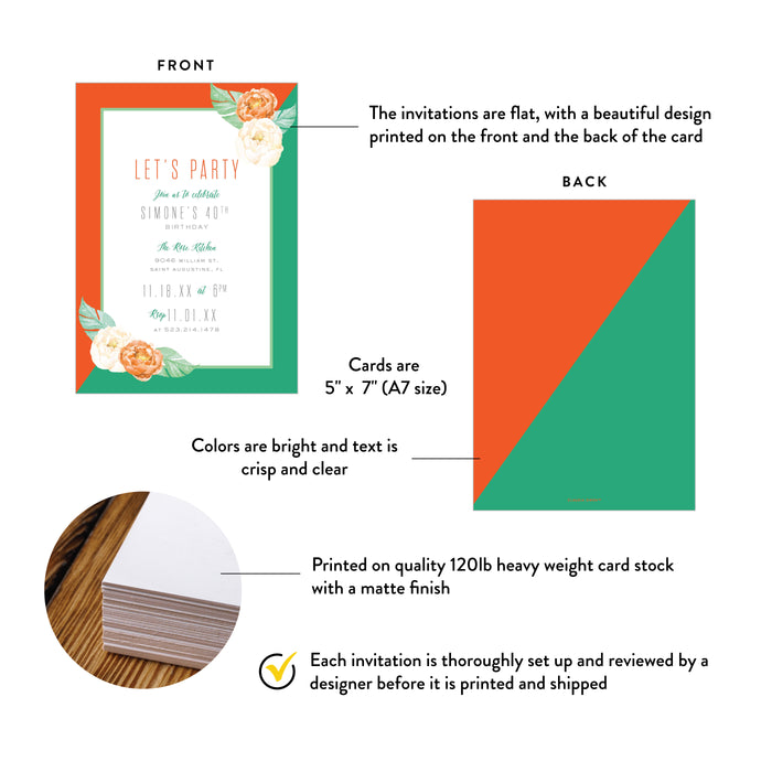 Floral Birthday Party Invitation Orange and Green Elegant Style
