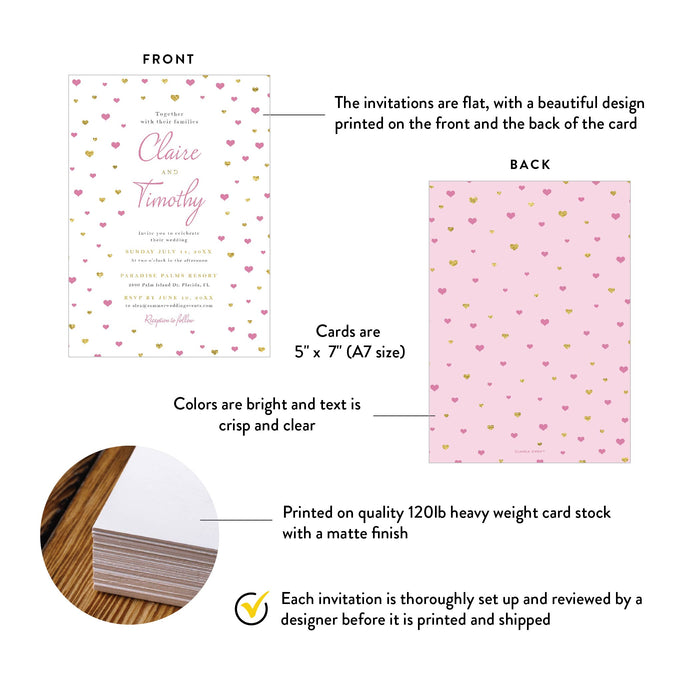 Pink Invitations Heart Love Heart Wedding Invitation Card in Pink and Gold, Cute Wedding Invi