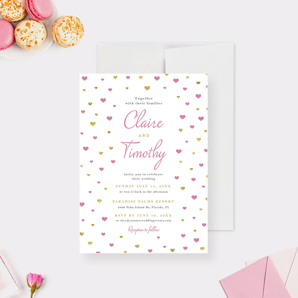 Love Heart Wedding Invitation Card in Pink and Gold, Cute Wedding Invi