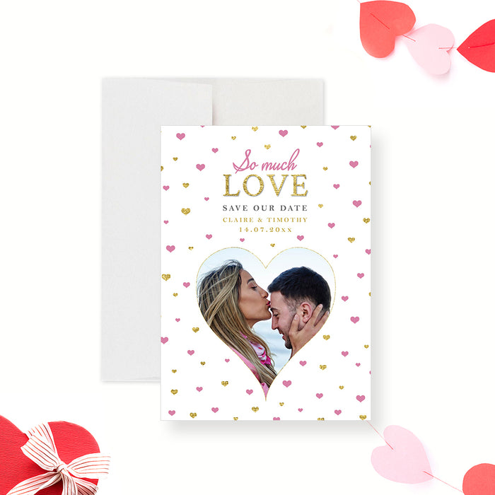 Love Heart Wedding Save the Date Card with Photo, Wedding Save the Dates in Pink and Gold, Romantic and Sweet Engagement Save the Date Cards