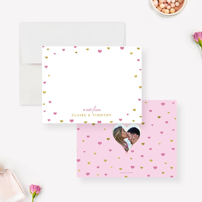 Love Heart Note Card in Pink and Gold, Cute Thank You Card for Engagement Party with Mini Hearts, Personalized Wedding Stationery Card with your Photo