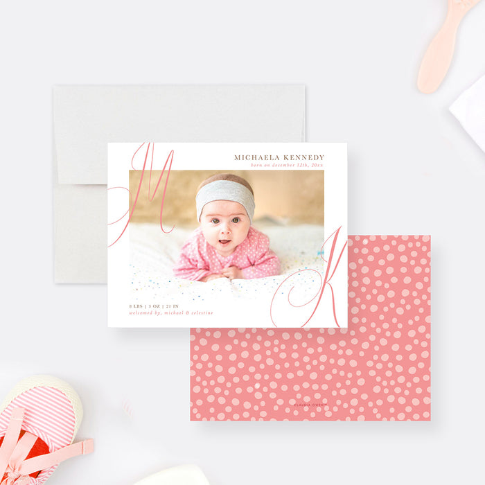 Baby Announcement Card with Photo, Personalized Birth Announcement with Cute Pink Dots, Birth Arrival Announcement for Baby Girls or Boys