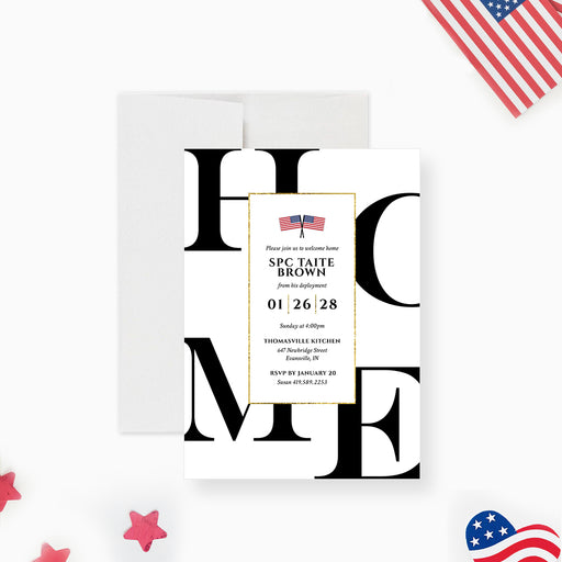 a black and white welcome home invitation with the words home written on it and an american flag
