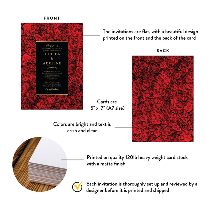 Wedding Anniversary Party Invitation Red Rose Elegant Black Gold Invite
