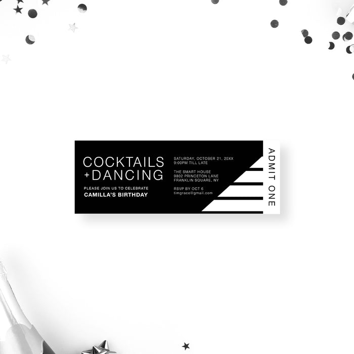 Cocktails and Dancing Ticket Invitation Card, Modern Black and White Ticket for Cocktail Birthday Party, Contemporary Ticket for Business Celebration, Cocktails and Appetizers