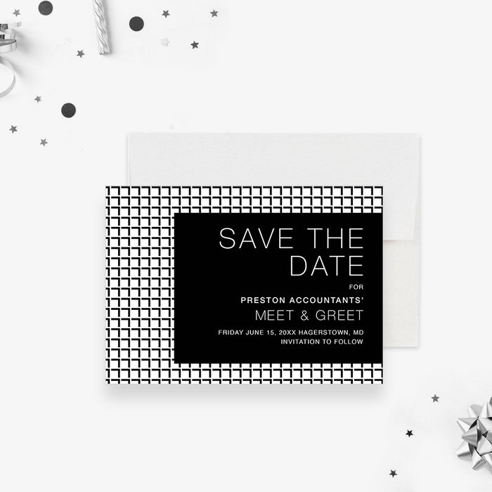 Meet and Greet Save the Date Card with Modern Geometric Design, Black and White Save the Date for Business Networking Event, Corporate Dinner Save the Dates