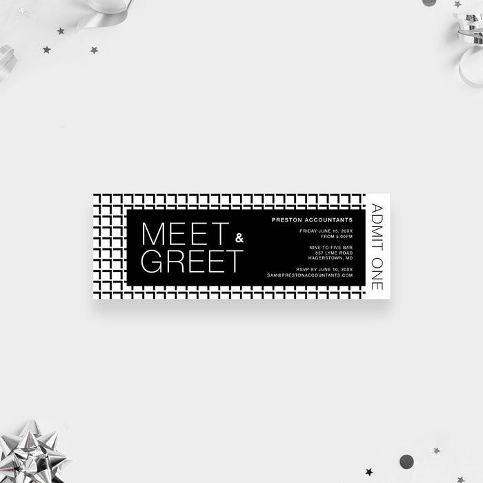 Meet and Greet Monochrome Ticket Invitation with Modern Geometric Design, Black and White Corporate Dinner Ticket for Business Networking Party, Company Dinner Ticket Invites