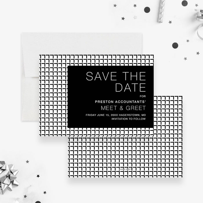 Meet and Greet Save the Date Card with Modern Geometric Design, Black and White Save the Date for Business Networking Event, Corporate Dinner Save the Dates