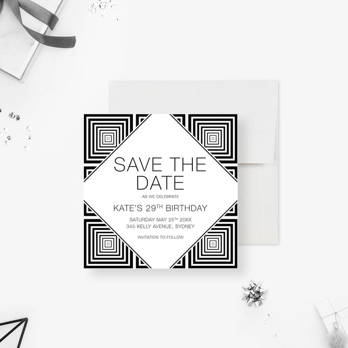 Monochrome Save the Date Card for Birthday Party, Black and White Save the Date for Eat and Drink Be Happy Birthday Celebration, 30th 40th 50th 60th 70th Birthday Save the Dates