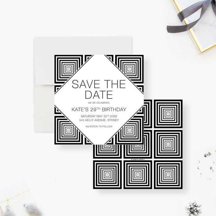 Monochrome Save the Date Card for Birthday Party, Black and White Save the Date for Eat and Drink Be Happy Birthday Celebration, 30th 40th 50th 60th 70th Birthday Save the Dates