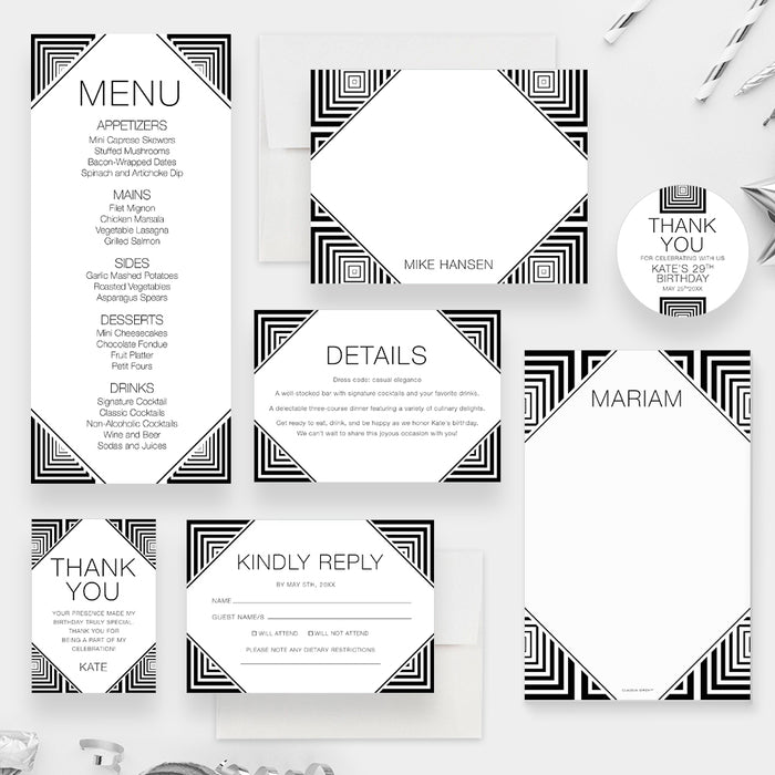 Eat and Drink Be Happy Birthday Invitation in Black and White, Monochrome Invites for Food and Drinks Celebration, 30th 40th 50th 60th 70th Birthday Invitations