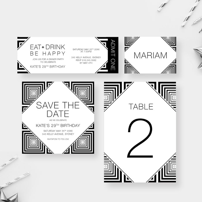 Eat and Drink Be Happy Birthday Invitation in Black and White, Monochr — Claudia Owen eat-and-drink-be-happy-birthday-invitation-in-black-and-white-monochr-claudia-owen