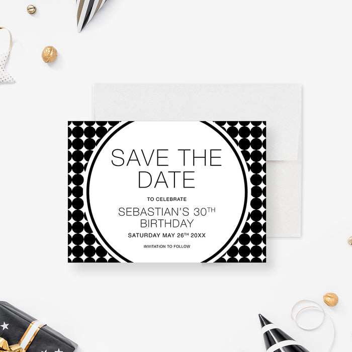 Black and White Save the Date Card for 30th Birthday Party for Him, Monochrome Save the Date for Men, Cheers and Beers Save the Dates with Unique and Masculine Design