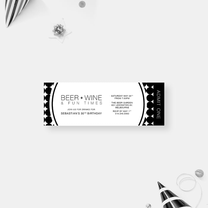 Beer and Wine Birthday Invitation in Black and White for Him, 21st 30th 40th 50th Birthday Party for Men, Monochrome Cheers and Beers Mens Birthday Party Invitations