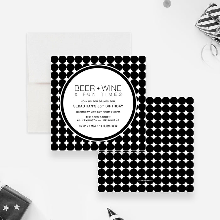 Beer and Wine Birthday Invitation in Black and White for Him, 21st 30th 40th 50th Birthday Party for Men, Monochrome Cheers and Beers Mens Birthday Party Invitations