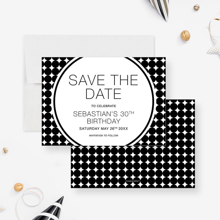 Black and White Save the Date Card for 30th Birthday Party for Him, Monochrome Save the Date for Men, Cheers and Beers Save the Dates with Unique and Masculine Design