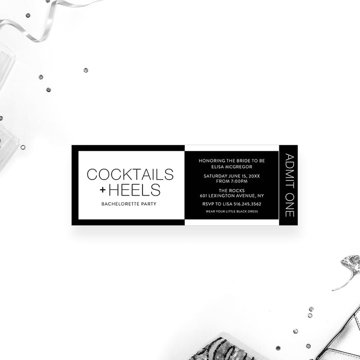 Black and White Ticket Invitation for Cocktail and Heels Bachelorette Party, Monochrome Ticket Invites for Bach Party Weekend Celebration with Modern Design