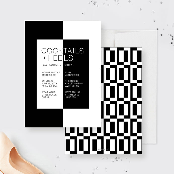 Cocktails and Heels Bachelorette Party Invitation Card, Monochrome Invites for Bach Party, Modern Black and White Bachelorette Party Weekend Invitation