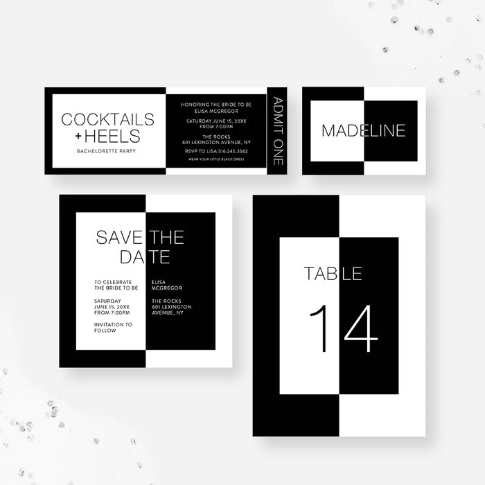 Cocktails and Heels Bachelorette Party Invitation Card, Monochrome Inv Cocktails and Heels Bachelorette Party Invitation Card, Monochrome Inv