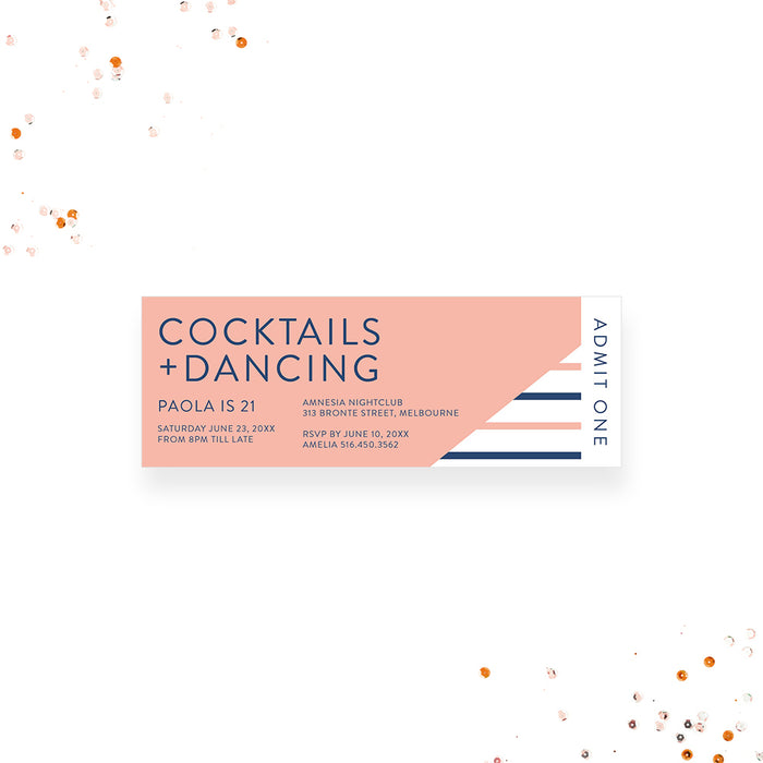 Modern Ticket Invitation for Cocktails and Dancing Birthday Celebration, 21st 30th 40th Birthday Ticket Invites with Blue and Peach Stripe Design