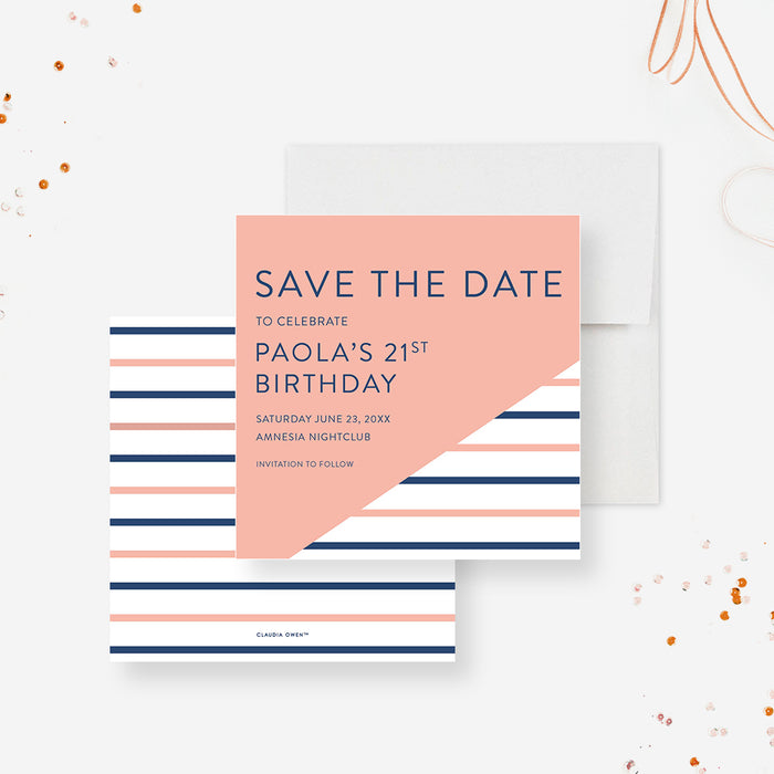 Modern Save the Date Card with Stripe Design for 21st Birthday Party, Ladies Night Out Birthday Bash Save the Date, 30th 40th Birthday Save the Date for Women