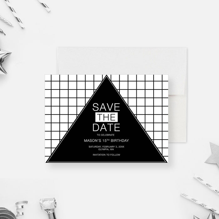 15th Birthday Save the Date Card with Geometric Design, Retro Save the Date for 16th 17th 18th 19th Teen Birthday, Black and White Save the Date for Teens Disco Party