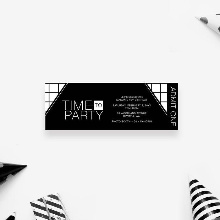 Time to Party Invitation Card with Geometric Design, 15th 16th 17th 18th 19th Teen Birthday Invitation, Black and White Invites for Teens Disco Party