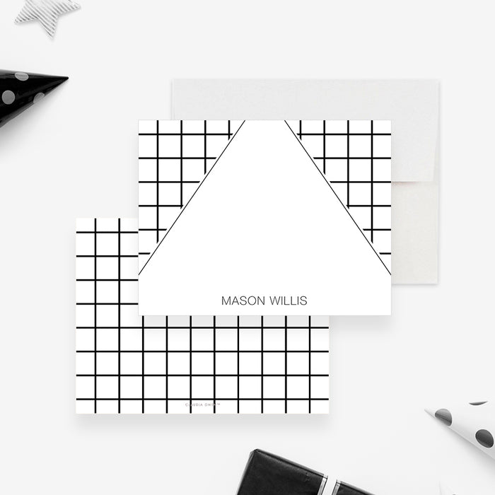 Retro Note Card in Black and White with Geometric Triangle Design, Personalized Gift for Men, 80s Birthday Thank You Cards, Stationery for Teenagers