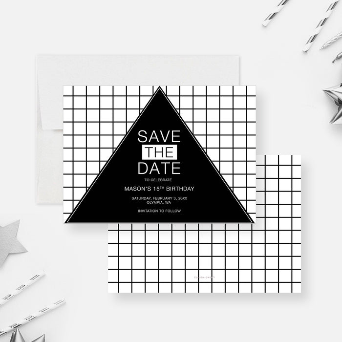 15th Birthday Save the Date Card with Geometric Design, Retro Save the Date for 16th 17th 18th 19th Teen Birthday, Black and White Save the Date for Teens Disco Party