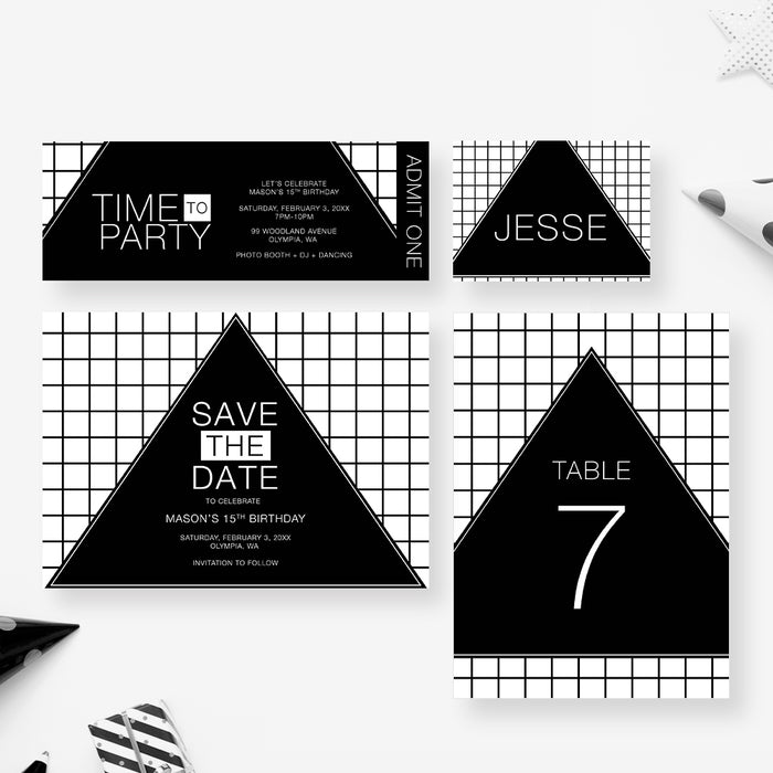Time to Party Invitation Card with Geometric Design, 15th 16th 17th 18th 19th Teen Birthday Invitation, Black and White Invites for Teens Disco Party