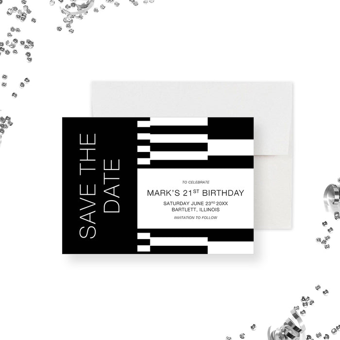Geometric Save the Date for 21st Birthday Party, Black and White Save the Date for 30th 40th 50th Birthday Celebration for Guys, Monochrome Save the Date for Adult Birthday