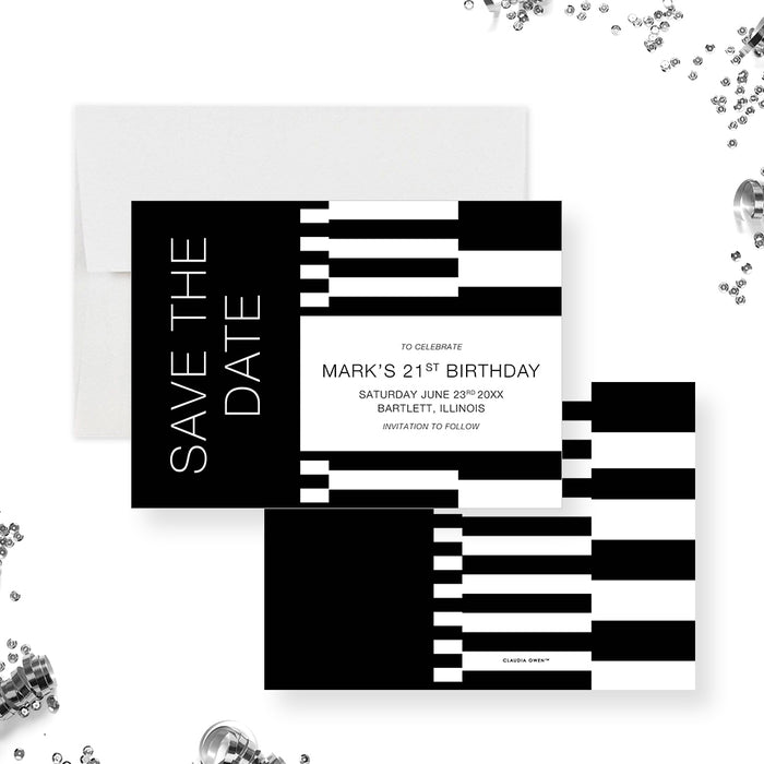 Geometric Save the Date for 21st Birthday Party, Black and White Save the Date for 30th 40th 50th Birthday Celebration for Guys, Monochrome Save the Date for Adult Birthday