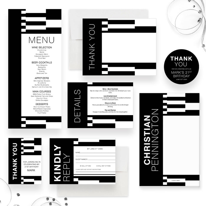Wine Beer and Cocktails Birthday Party Invitation Card, 21st 30th 40th 50th Black and White Birthday Invites for Guys, Cheers and Beers Mens Birthday Invitations