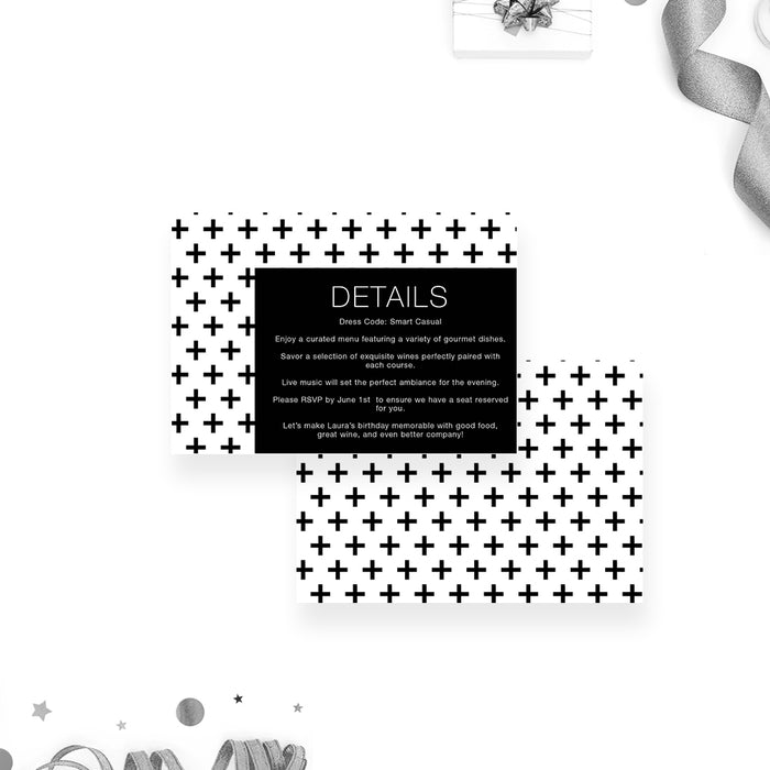 Wine and Dinner Invitation Card in Black and White Cross Pattern, Monochrome Wine and Dine Birthday Party Invites, Wine Tasting Rehearsal Dinner, Wine Night Invites