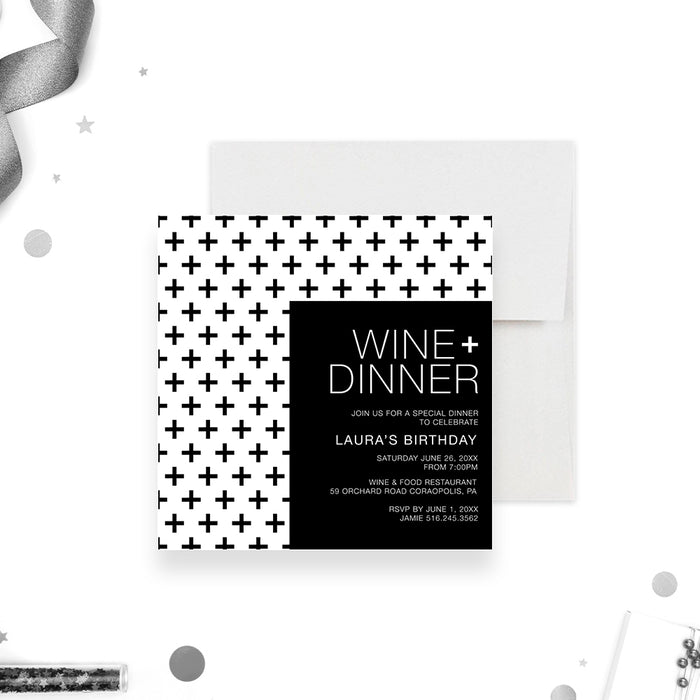Wine and Dinner Invitation Card in Black and White Cross Pattern, Monochrome Wine and Dine Birthday Party Invites, Wine Tasting Rehearsal Dinner, Wine Night Invites