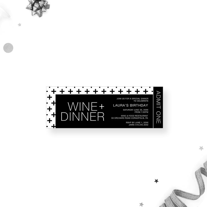 Wine and Dinner Ticket Invitation in Black and White with Cross Pattern, Monochrome Ticket Invites for Birthday Party, Modern Ticket for Wine Tasting Rehearsal Dinner