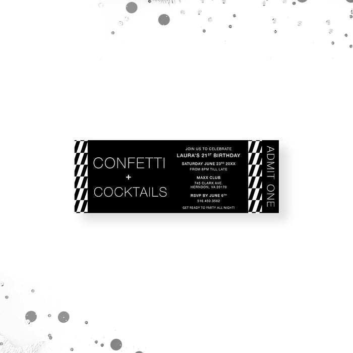 Confetti and Cocktails Ticket Invitation in Black and White with Geometric Pattern, Monochrome Ticket Invites for Cocktails and Hors d'oeuvres, Modern Cocktail Hour Tickets