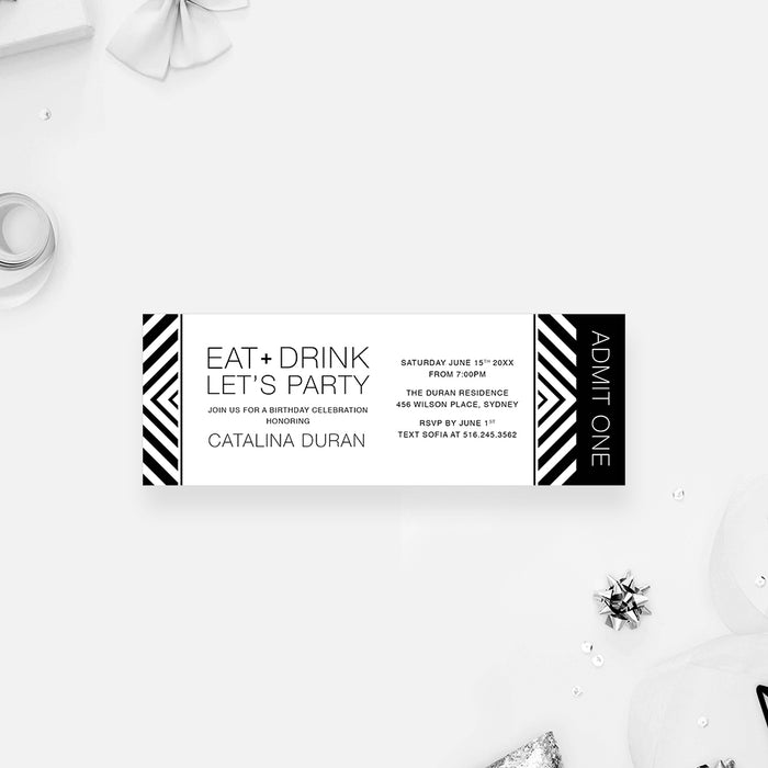 Eat and Drink Lets Party Ticket Invitation with Abstract Monochrome Design, Black and White Ticket for Drinks and Nibbles Birthday Party, Modern Ticket Invites for Adult Birthday