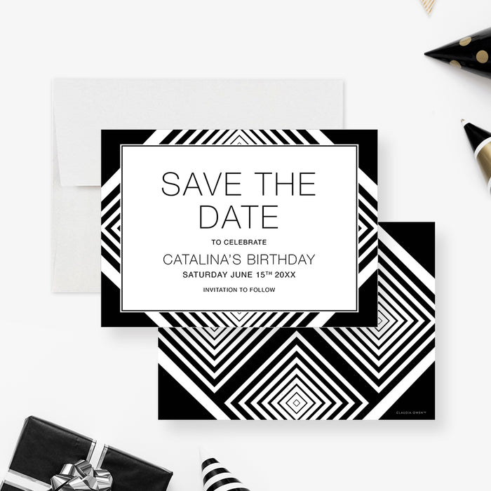 Modern Save the Date for Adult Birthday Party with Abstract Monochrome Design, Black and White Save the Date for Drinks and Nibbles, Milestone Birthday Save the Dates