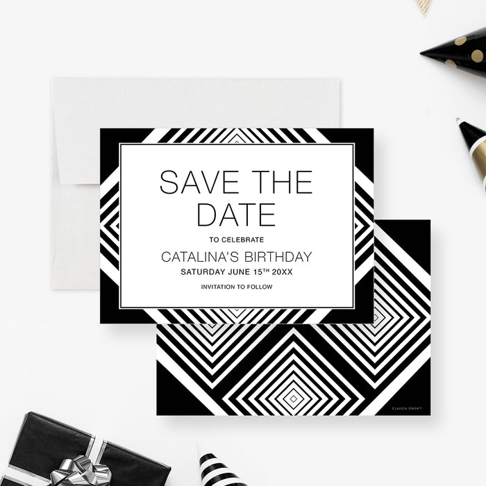 Eat and Drink Lets Party Invitation Card with Abstract Monochrome Design, Adult Birthday Party Invites, Black and White Invitation for Birthday Drinks, Drinks and Nibbles