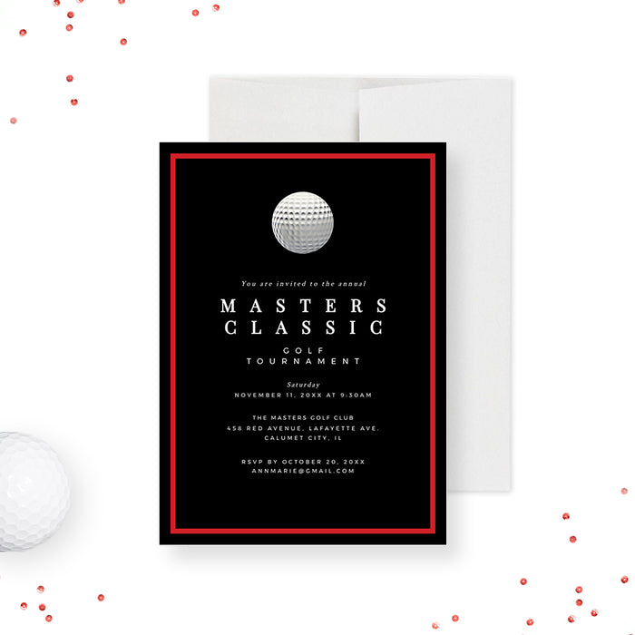 Golf Tournament Birthday Party Invitation Template in Black and Red, Masters Classic Partee Printable Digital Download