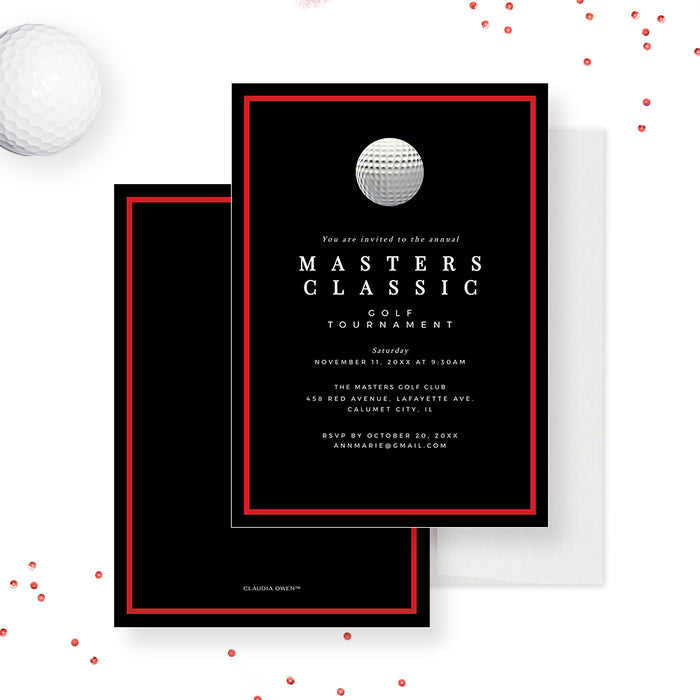 Golf Tournament Birthday Party Invitation Template in Black and Red, Masters Classic Partee Printable Digital Download