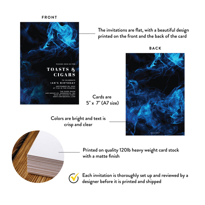 Men’s Toasts and Cigars Birthday Invitation Blue Smoke Cigar Party