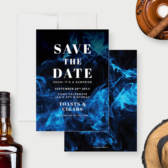 Mens Birthday Save the Date Card Template, Toasts and Cigars Printable Digital Download, Toasts and Smokes Bachelor Party Save the Dates