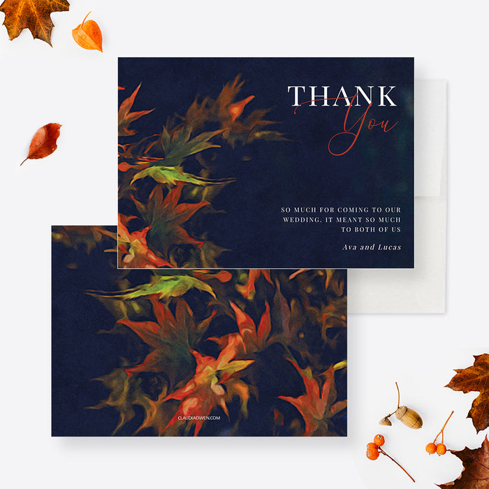 Fall Thank You Card Template, Thank You Card Digital File with Falling Leaves, Printable Thank You Card with Autumn Orange Leaves