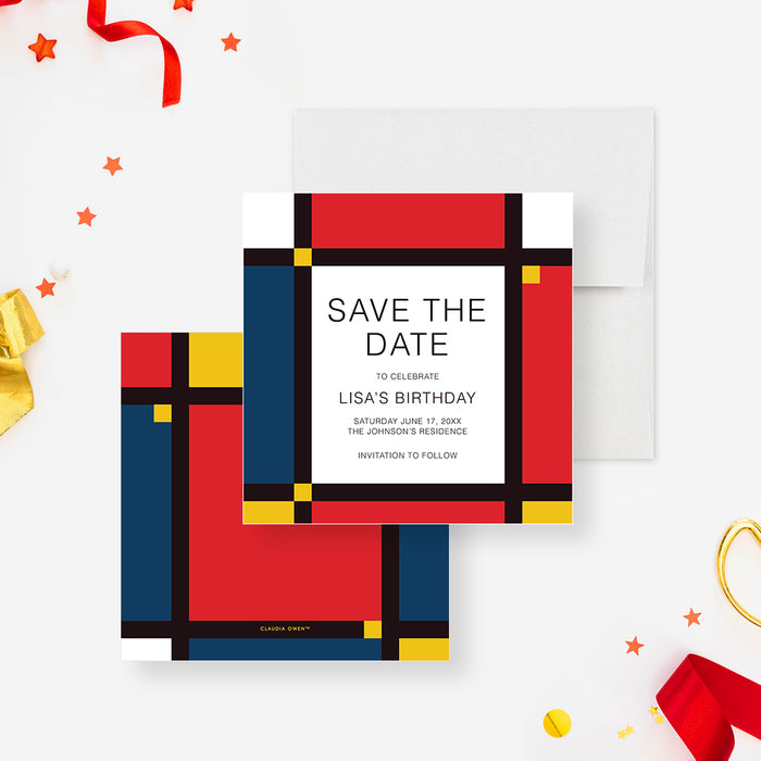Colorful Save the Date with Mondrian Inspired Geometric Print Design, Artistic Save the Date for Birthday Dinner Party, Modern Save the Date for Rehearsal Dinner Celebration